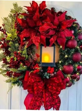Christmas Wreath with Lamp Bow Ball Big Red Flower Navidad P
