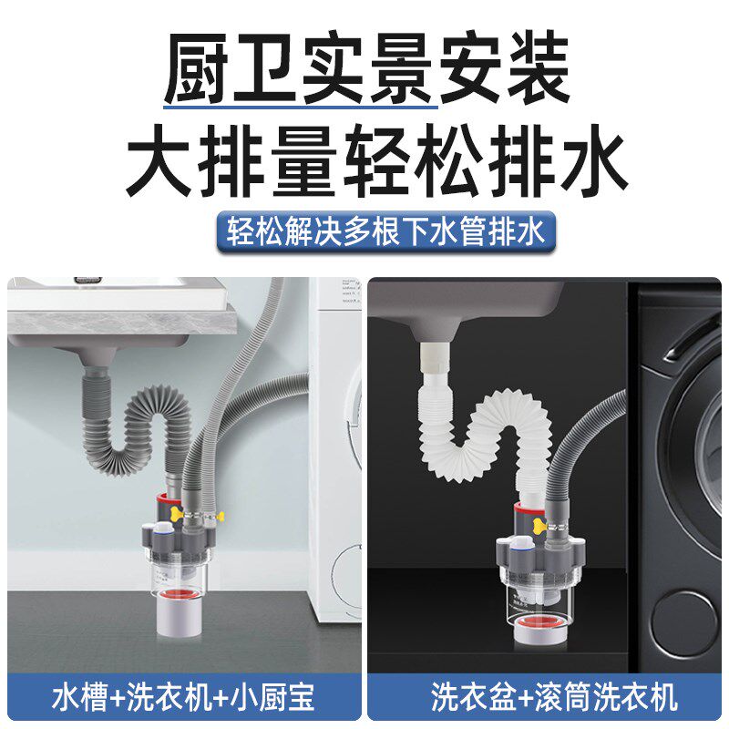 全屋净水系统下水管三头通软水机接头分水器前置排水管防返臭四通