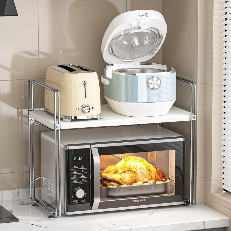 日系微波炉架子厨房台面烤箱双层伸缩电饭煲电器分层收纳置物架