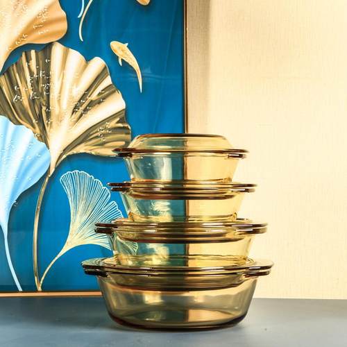 高硼硅玻璃水晶煲透明汤碗带盖茶色琥珀色盘可微波烤箱家用带双耳