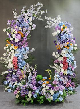 婚礼堂紫色成品莫奈牛角拱门多巴胺仿真花条舞台造景橱窗美陈花艺