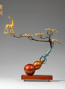 铜金岁月福禄相伴黄铜葫芦福鹿铜器家居摆件客厅玄关角几装饰铜器