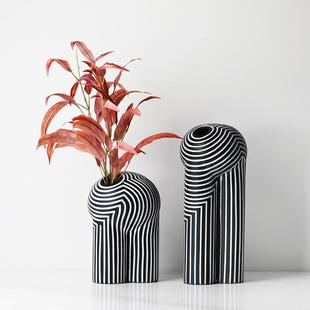 简约现代黑色树脂艺术条纹花器样板房客厅茶几餐桌售楼处桌面摆件