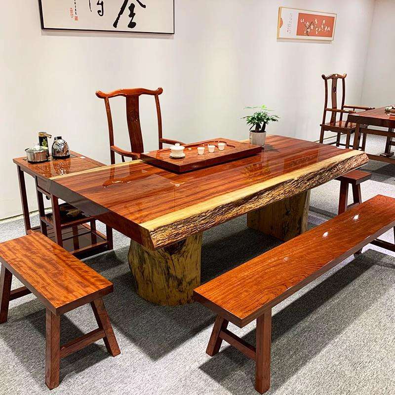 巴花大板原木大板茶桌椅组合家用茶几办公室实木茶桌泡茶台整板桌