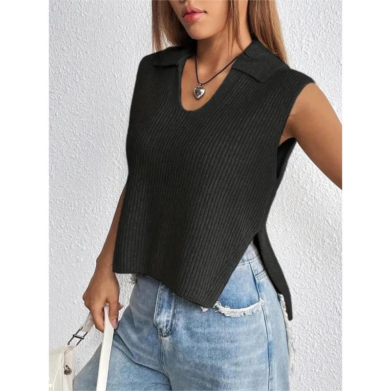 Women's Top Split Summer Plain Hem Sweater Vest Casual