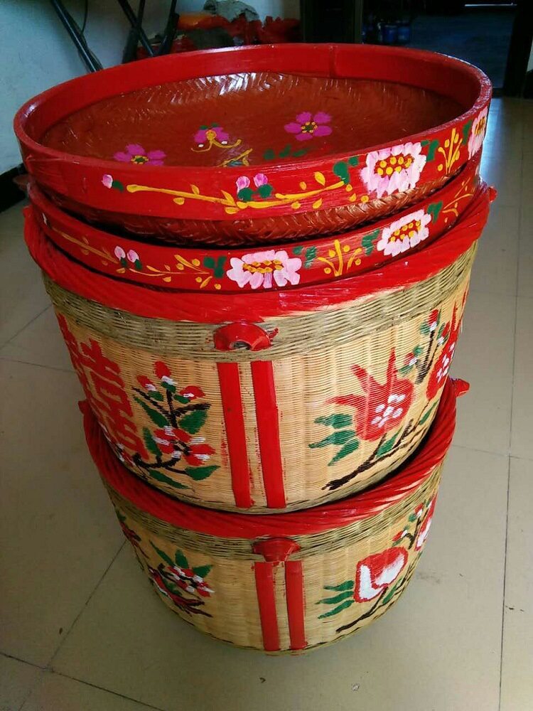 红色竹编手工竹箩嫁妆满月搬家