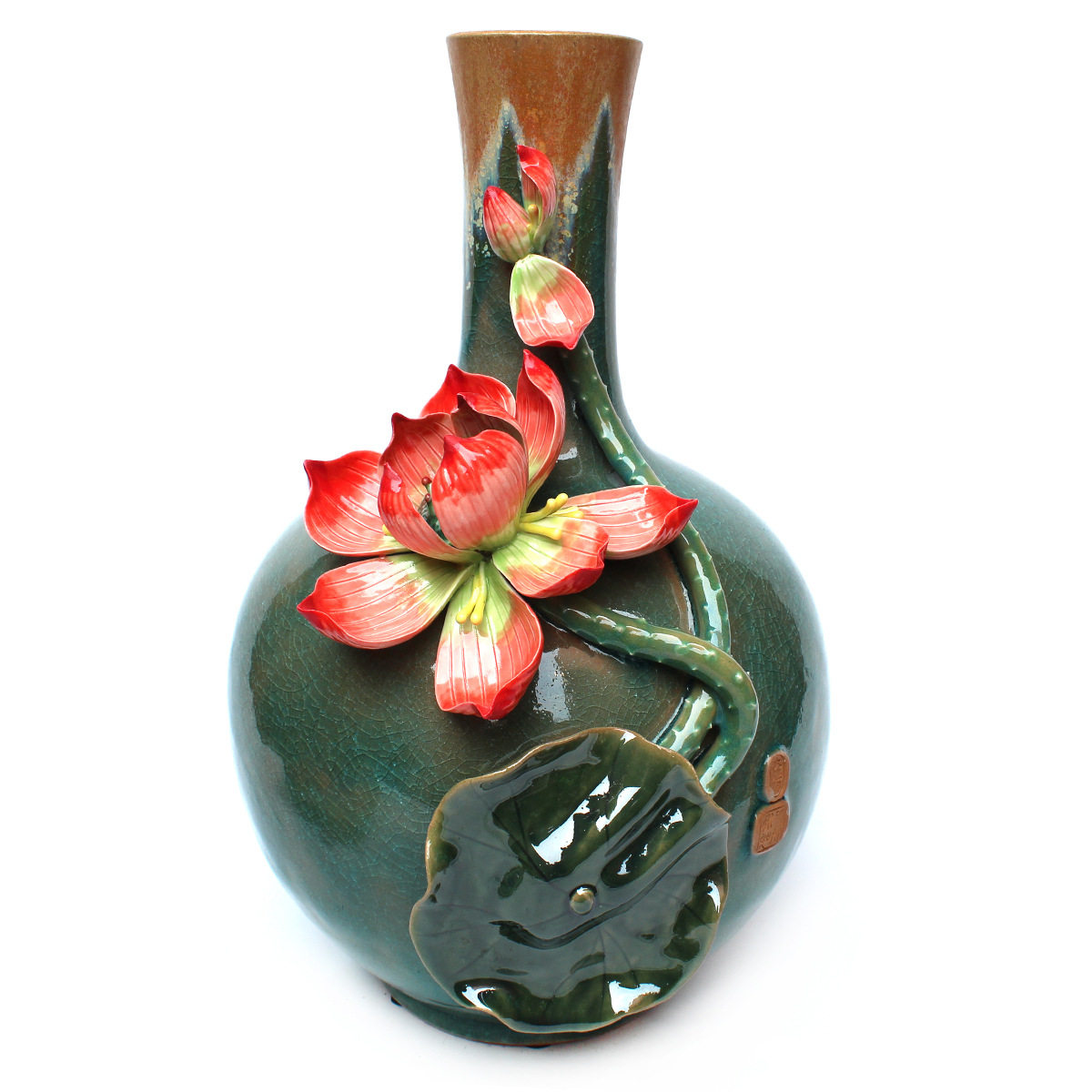 手工精品荷花花瓶 莲花瓶 石湾陶瓷屏风玄关桌面高档现代装饰摆设