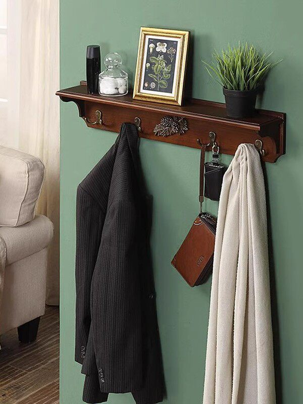 玄关衣帽钩客厅卧室墙上挂衣架实木搁板壁挂式挂钩隔板置物架美式