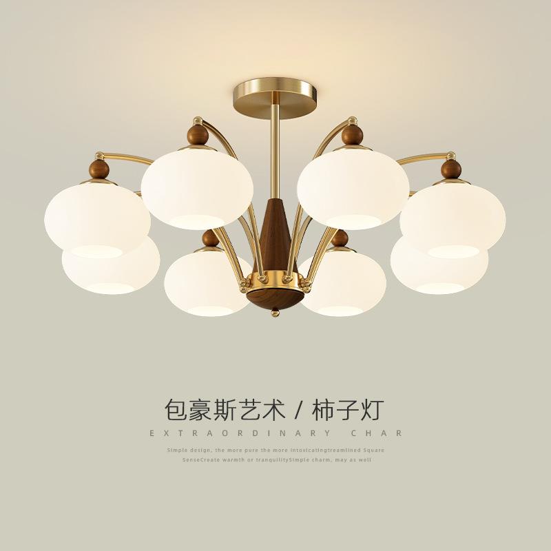 客厅吊灯原木中古风胡桃木色复古创意实木柿子玻璃餐厅卧室大厅灯图片