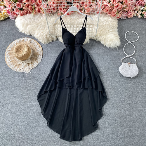 Summer Black/White Irregular Spaghetti Strap Long Dress