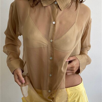 Womens Sheer Button Up Shirt Yk Long Sleeve Lapel v Neck