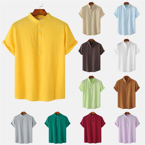 Mens Cotton Linen Summer Short Sleeve Shirt Solid Color Bre