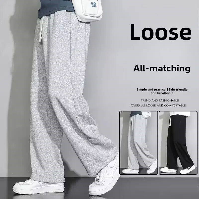 Mens Grey Loose-fit Straight-leg Casual Pants Summer Lightw