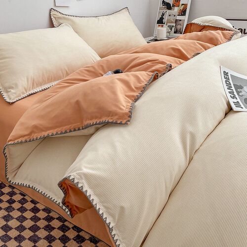 Ins Wind Double Stripe Wash Cotton Bed Four-piece Set Solid