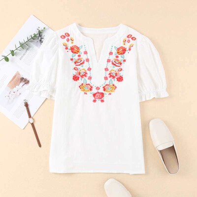 Shiying Summer Short-sleeved Embroidered Chiffon Top Womens