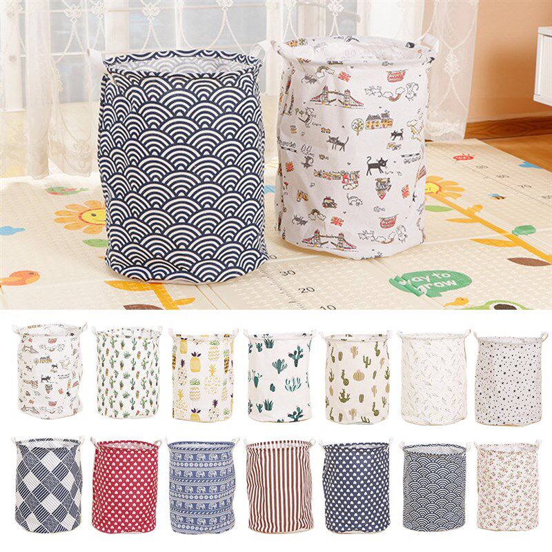 Collapsible Round Cotton Linen Laundry Basket Dirty Clothes - 实物图