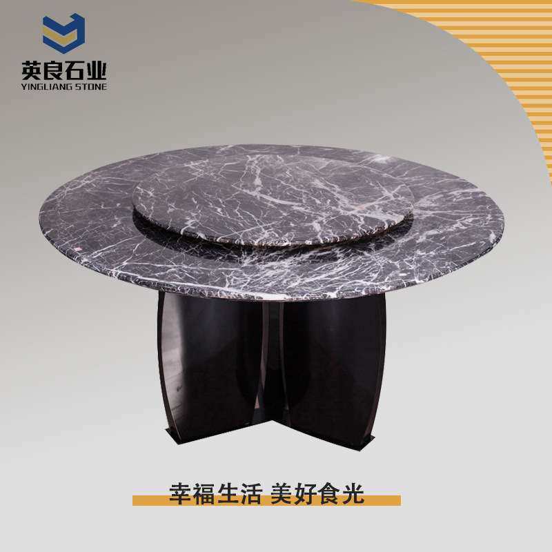 简约天然大理石餐桌带转盘客厅家用别墅金镶玉奢石餐台大圆桌饭桌