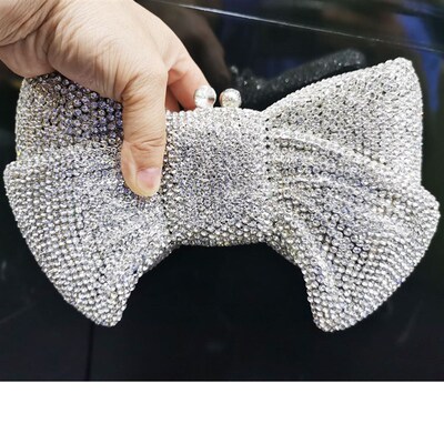 Luxury Novelty Bow Clutch Crystal Evening Bags Silver Bowkno