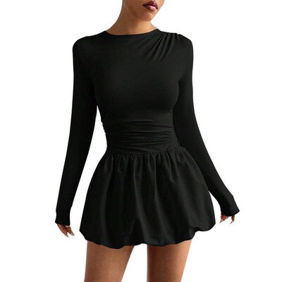 Long sleeved dress with elastic puffy skirt for women