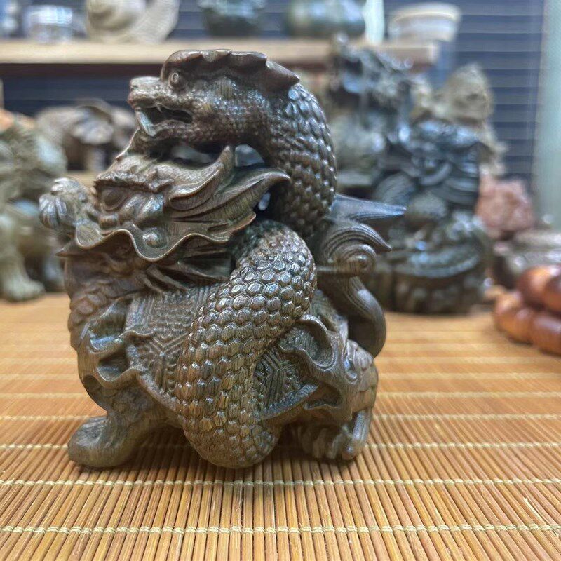 天然绿檀木雕刻玉檀玄武龙子龙龟木雕手把件摆件复古文玩小摆件