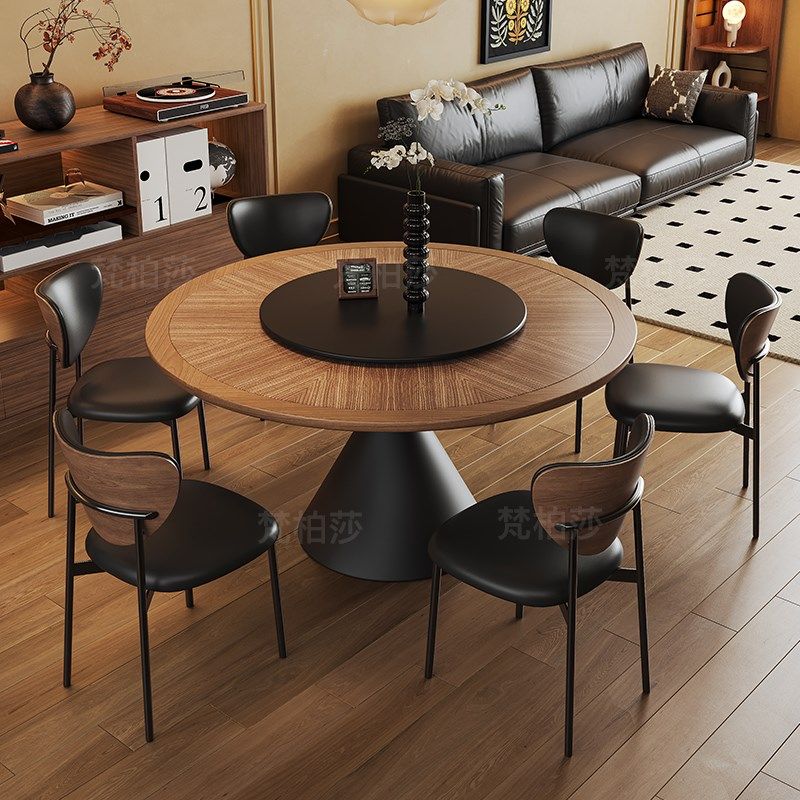 中古风圆桌实木纹理圆形岩板餐桌法式复古奶油家用高端带转盘饭桌,住宅家具,岩板餐桌,淘宝优惠券,粉丝福利购,淘宝优惠卷