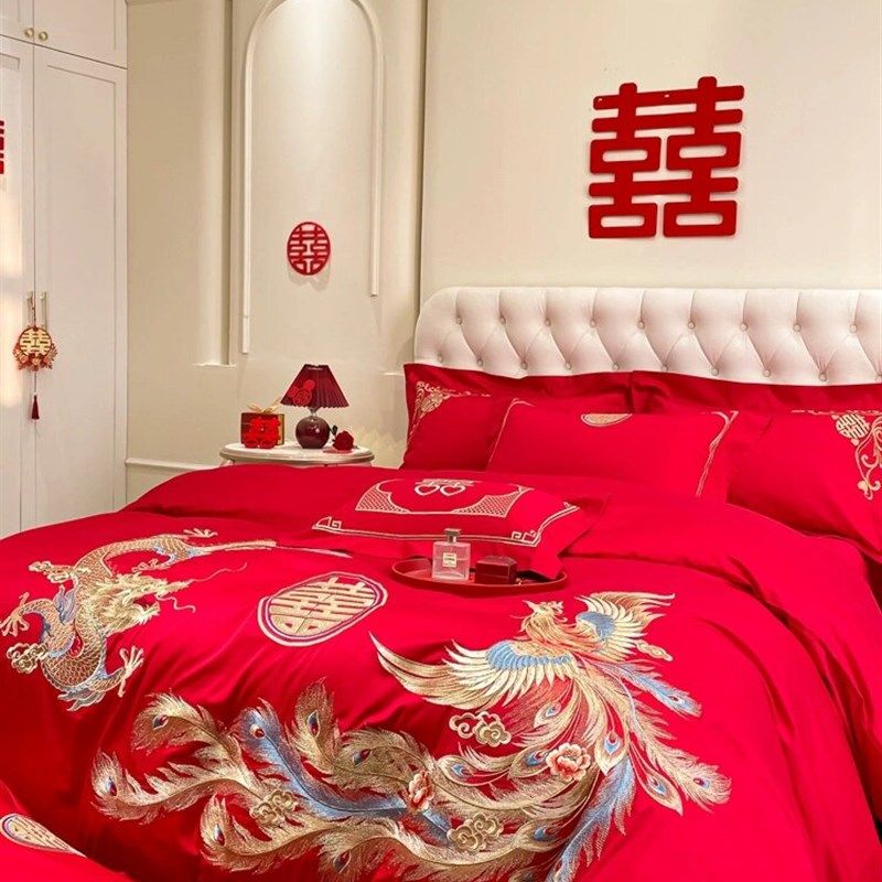 结婚四件喜庆龙凤款婚庆喜被高支数缎面刺绣保暖四件南通家纺,床上用品,婚庆床品套件,淘宝优惠券,粉丝福利购,淘宝优惠卷