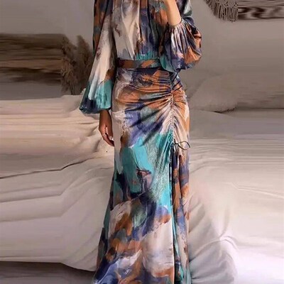 Colorful Printed Pleated Dress Women Half High Collar Long L