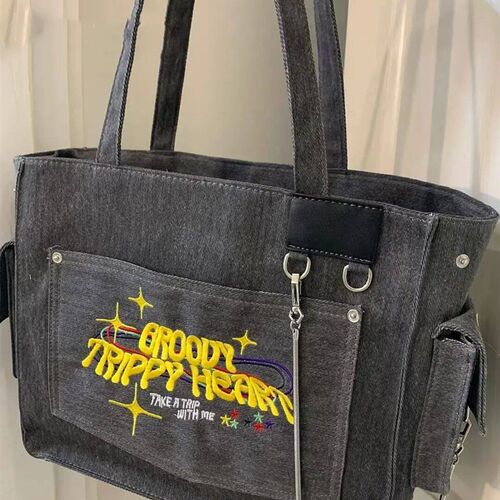 Embroidered Letters Washed  Portable Retro Vintage Tote High