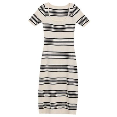 Striped Square Collar Knitted Dress Womens Spring and Summe