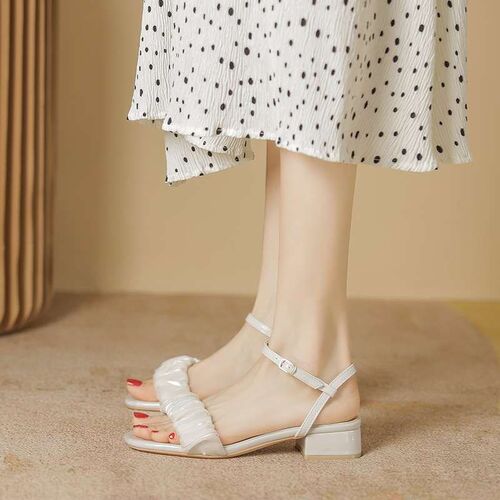 Sandals Womens New Summer Mid-heel Shoes Fairy-style Pleate