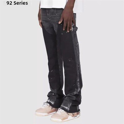 Mens denim work pants flared pants弹力贴布牛仔叠层喇叭裤