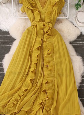 EWQ Elegant Ruffles Patchwork Short Sleeve Vestido Women
