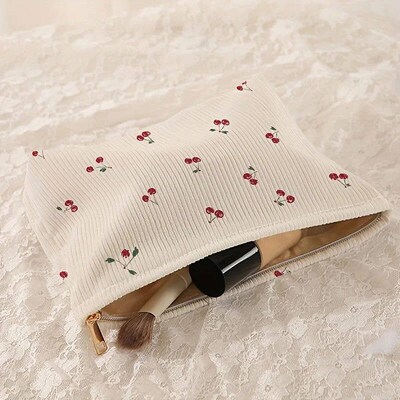 Cherry printed corduroy makeup bag, lightweight zipper makeu