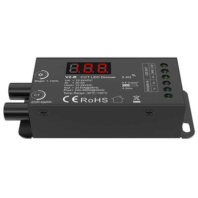 V2-B 12-24VDC480W双旋钮恒压CCT LED调光器数字显示2.4G频率可选