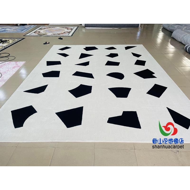 现代简约长方形格子黑色手工羊毛客厅茶几沙发地毯卧室客房床前毯