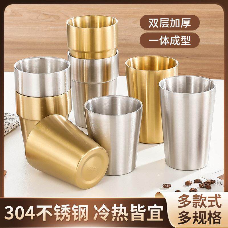 304不锈钢双层水杯儿童口杯咖啡杯子带盖户外啤酒杯韩式随手杯厚