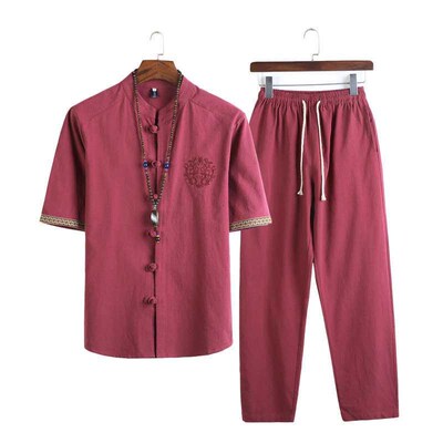 Summer Plus Size Cotton and Linen Suit Mens Retro Short-sle
