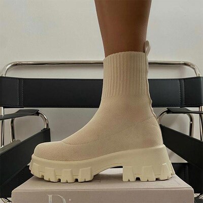 MCLE Women Boots Slip On Western Ankle Boots Platform Knitte
