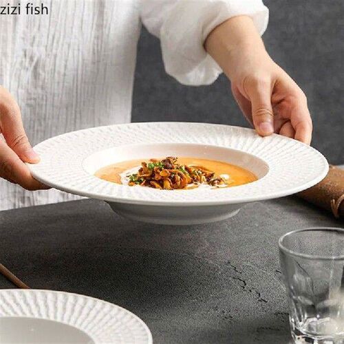 Relief Texture Ceramic Deep Plate Thick Soup Plate Salad