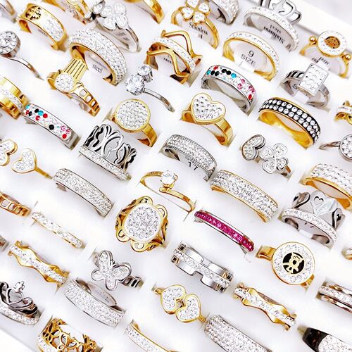 10Pcs/Lot Trendy Luxury Stainless Steel Zircon Crystal Rings