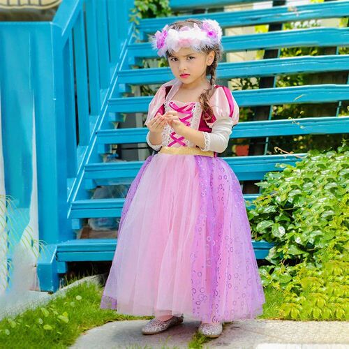 Girls Princess Rapunzel Dress Kid Cosplay Tangled Costume