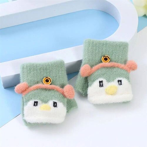 Kids Mittens For Girls Boys Cartoon Penguin Flip ver Knitted