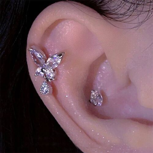 Shiny Hollow Silver Color Rhinestone Butterfly 316L Stainles