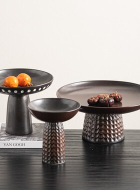 侘寂风陶瓷果盘餐桌高脚托盘法式中古茶桌样板房客厅软装饰品摆件