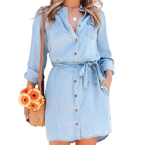 Fashion Women Casual Denim Dress Solid Color Long Sleeve