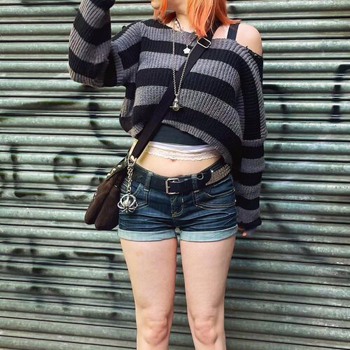 E-girl Gothic Striped Knitted Pullovers 2000s Retro Dark Aca