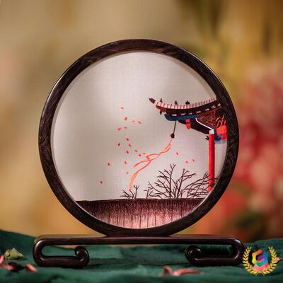 ?刺湘绣手工绣双面绣室书桌台面圆卧Fh($%p&a屏摆件新中式艺房术