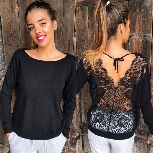 Lace Back Fashion Long Sleeve Tshirt for Women Autumn Bow Ti