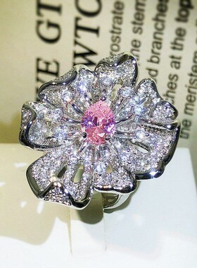 Pink Diamond Flower Ring Womens Openended ins Simple Style F