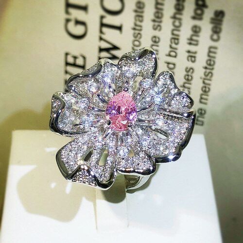 Pink Diamond Flower Ring Womens Openended ins Simple Style F